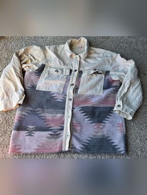 entro Neutral & Pink Patterned Jean Jacket/shacket Aztec Design